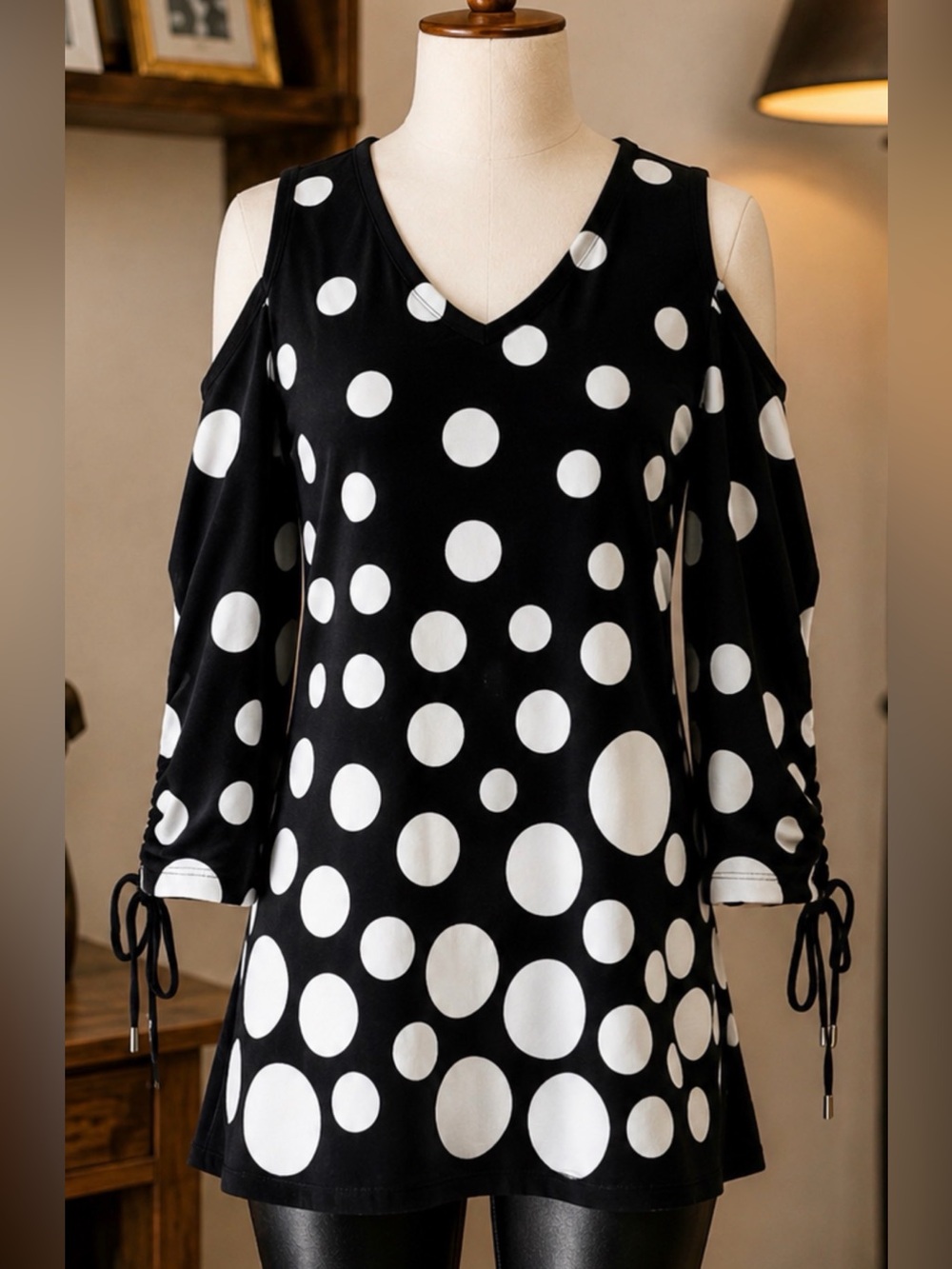 Vecceli Italy Cold Shoulder Tunic Black Polka Dot Long Sleeve Tie Cuffs Small